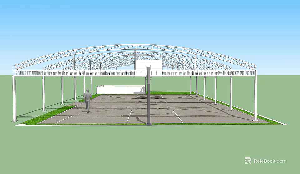 Basketball Gymnasium Featuring Arched Steel Roof Frame Supporting Columns And Court Lines 3d model 