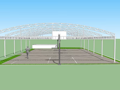 Basketball Gymnasium Featuring Arched Steel Roof Frame Supporting Columns And Court Lines 3d model