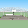Basketball Gymnasium Featuring Arched Steel Roof Frame Supporting Columns And Court Lines