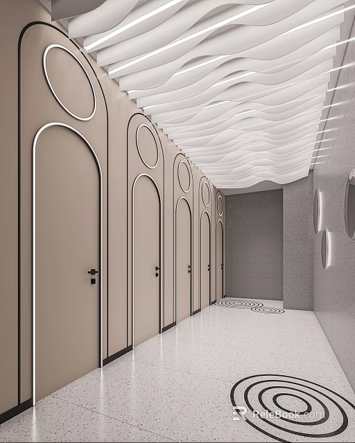 Modern Public Restroom Interior With Decorative Doors And Wave Ceiling 3d model
