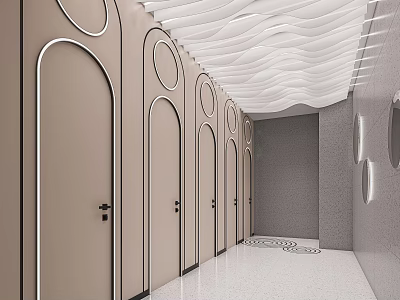 Modern Public Restroom Interior With Decorative Doors And Wave Ceiling 3d model