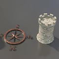 Vintage Medieval Decorative Scene With Castle Tower Helmet Compass And Hourglass