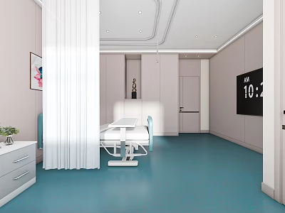 Modern Hospital Room Interior With Blue Flooring Bed TV And Cabinets 3d model