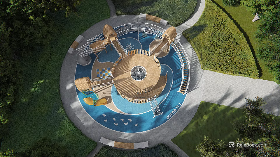 Outdoor Children's Play Area With Circular Design Wooden Slides Blue Floor And Greenery 3d model 