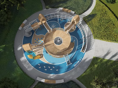 Outdoor Children's Play Area With Circular Design Wooden Slides Blue Floor And Greenery 3d model