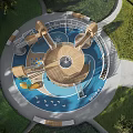 Outdoor Children's Play Area With Circular Design Wooden Slides Blue Floor And Greenery
