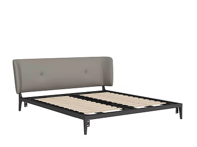 Double Bed Frame With Gray Upholstered Headboard And Black Metal Frame Wooden Slats Support 3d model