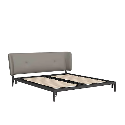 Double Bed Frame With Gray Upholstered Headboard And Black Metal Frame Wooden Slats Support 3d model
