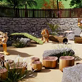 Park Landscape Featuring Tigers Red Small House Pool Stones and Trees
