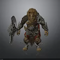 Man As Lion Head Warrior In Metallic Armor Holding Large Axe And Chains
