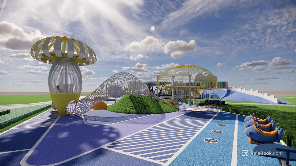 Vibrant Children's Play Area With Mushroom Structures Net Climbing Frames And Grassy Hills 3d model 