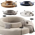 Two Seater Circular Velvet Sofa Upholstered Beige Gray With Pillows Throw Blanket Side Tables