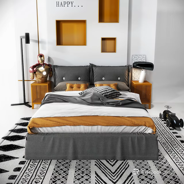 Modern Double Bed with Gray Pillows and Orange Bedding on Patterned Rug 3d model 