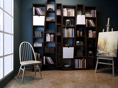 Dark Wooden Multi Tiered Bookshelf With Books Decor White Chair Easel And Natural Light 3d model