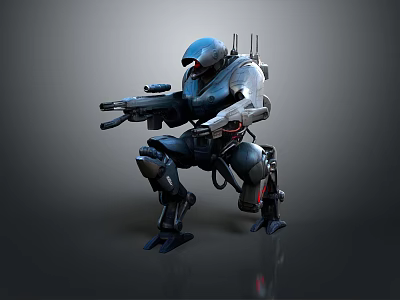 Sci Fi Game Movie Character In Blue Helmet Silver Armor Crouching With Weapon And Backpack 3d model