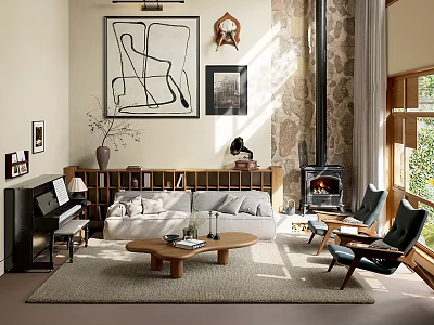 Modern Duplex Living Room Interior With Sofa Coffee Table Stone Fireplace And Wall Art 3d model