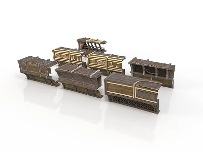 Vintage Train Car Models With Wooden Structure And Gold Decorative Details 3d model