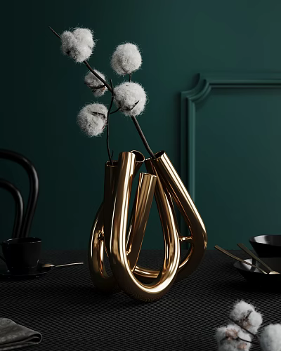 Golden Metallic Vase With Unique Loop Design Holding White Cotton Branches Against Dark Green Wall 3d model