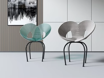 Modern Single Chairs With Curved Lines Green Gray Metal Legs And Abstract Wall Art 3d model