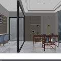 Chinese Style Leisure Area Interior Design With Landscape Mural Wooden Table Chairs Glass Partition