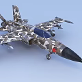 Camouflage Painted Fighter Jet With Sharp Nose Landing Gear On Blue Background