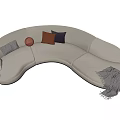 Curved Light Gray Sectional Sofa With Multiple Colored Pillows And Throw Blanket 3d model