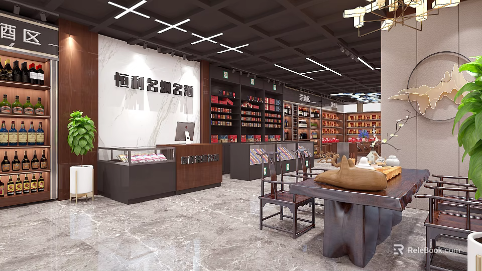 Modern Tobacco and Alcohol Store Interior with Shelves Display Cabinets and Chinese Style Decoration 3d model 