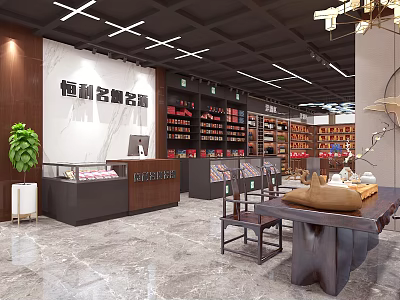 Modern Tobacco and Alcohol Store Interior with Shelves Display Cabinets and Chinese Style Decoration 3d model