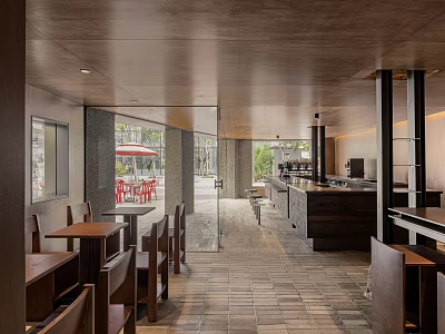 Modern Restaurant Interior With Wooden Ceiling Glass Walls And Bar Counter 3d model