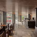 Modern Restaurant Interior With Wooden Ceiling Glass Walls And Bar Counter