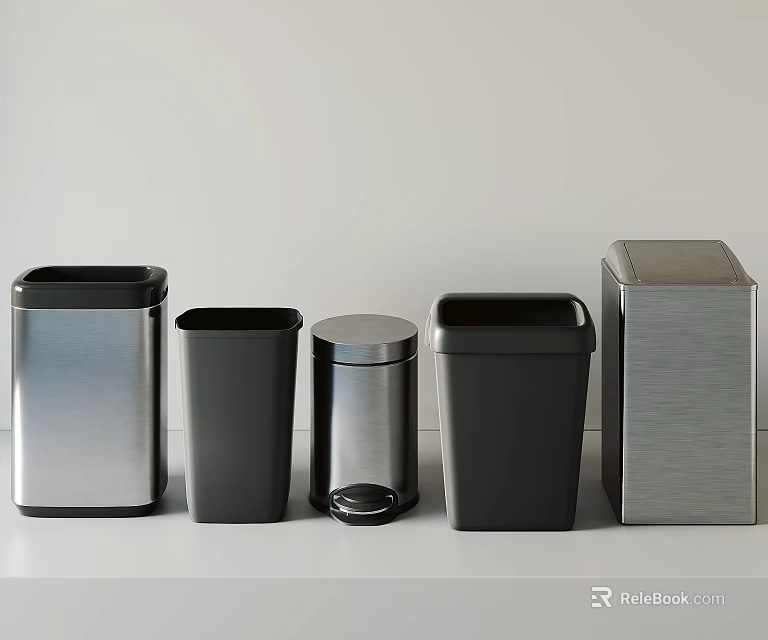 Modern Metal Trash Bins With Different Sizes And Lid Designs For Home Use 3d model 