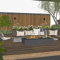 Cozy Rooftop Garden With Wooden Deck Sofa Cushions Fire Pit And Green Trees