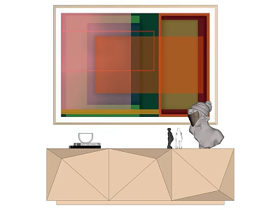 Colorful Abstract Painting With Geometric Squares Above Light Wooden Cabinet With Sculpture And Decorative Items 3d model