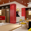 Bright Restaurant Interior With Red Brick Walls White Counter Hanging Pendant Lights And Colorful Chairs