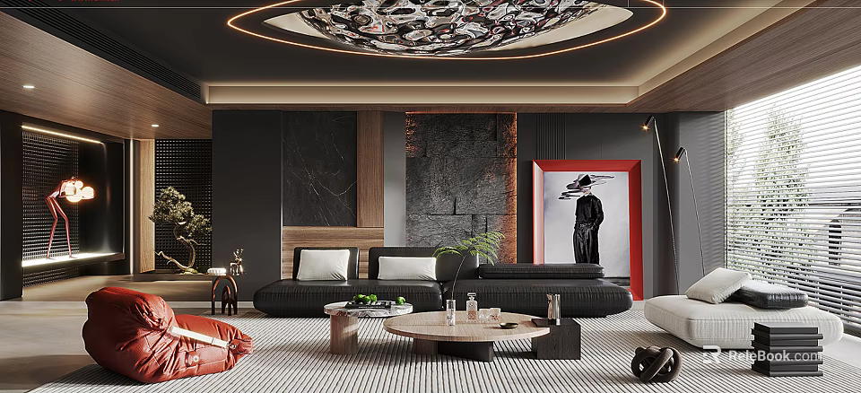 Modern Living Room With Black Sofa Round Coffee Table And Red Framed Painting 3d model 