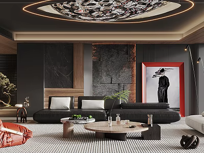 Modern Living Room With Black Sofa Round Coffee Table And Red Framed Painting 3d model