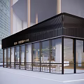 Modern Café Entrance With Glass Doors And Bright Interior Featuring Wooden Beams And Bar Counter
