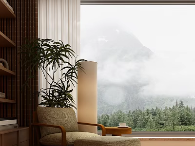 Leisure Sofa Set With Cozy Armchair Floor Lamp Green Plant And Mountain View 3d model