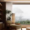 Leisure Sofa Set With Cozy Armchair Floor Lamp Green Plant And Mountain View