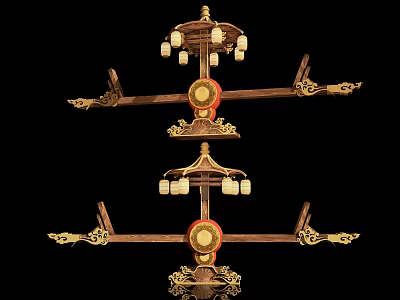 Traditional Chinese Ornate Multi layered Decorative Stand With Hanging Lanterns And Red Accents 3d model