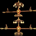 Traditional Chinese Ornate Multi layered Decorative Stand With Hanging Lanterns And Red Accents