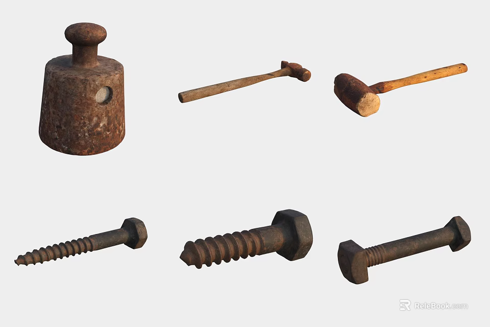 Essential Hardware Tools Including Cast Iron Anvil Wooden Handle Hammers And Metal Screws 3d model 