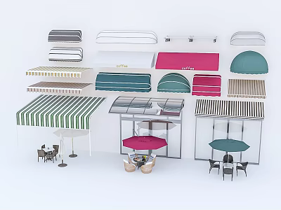 Assorted Outdoor Awning Styles with Green Red Striped Patterns and Matching Tables Chairs 3d model