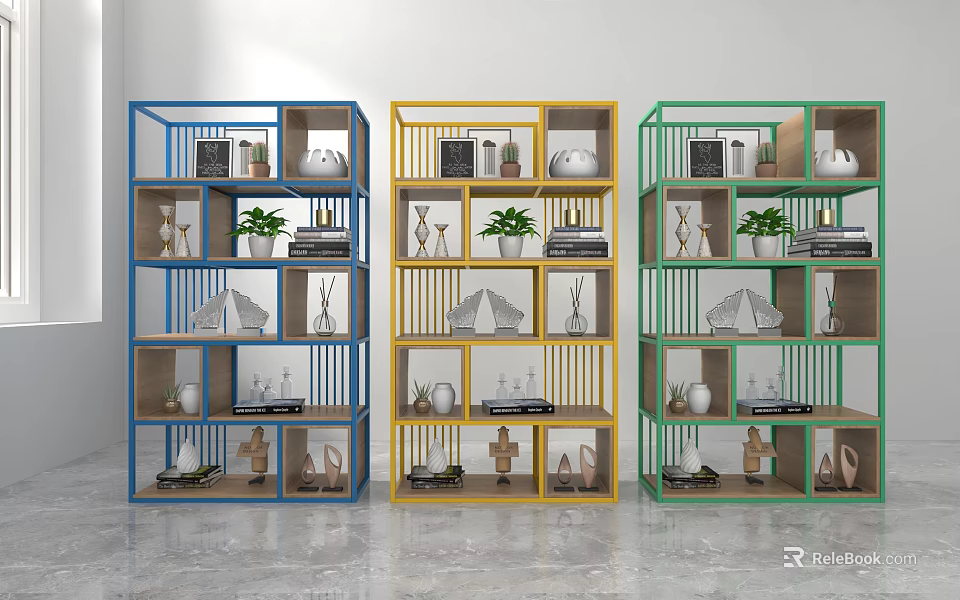 Colorful Multi Tiered Shelving Units with Decorative Plants Books and Ornaments for Home Interior 3d model 