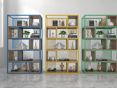 Colorful Multi Tiered Shelving Units with Decorative Plants Books and Ornaments for Home Interior 3d model
