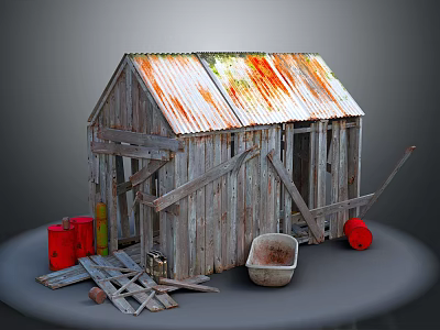 Weathered Wooden Hut with Rusty Metal Roof Surrounded by Tools Wheelbarrow and Wooden Planks 3d model
