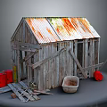Weathered Wooden Hut with Rusty Metal Roof Surrounded by Tools Wheelbarrow and Wooden Planks