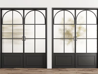 Stylish Black Arched Glass Doors in Modern Interior with Wooden Floor 3d model