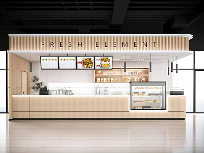 Fresh Element Mall Store Interior Featuring Wooden Counter Display Case And Menu Screens 3d model