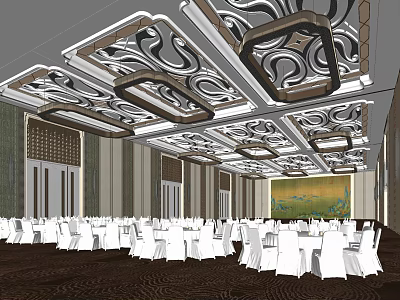 Elegant Banquet Hall With Intricate Ceiling Design White Tables And Large Mural 3d model